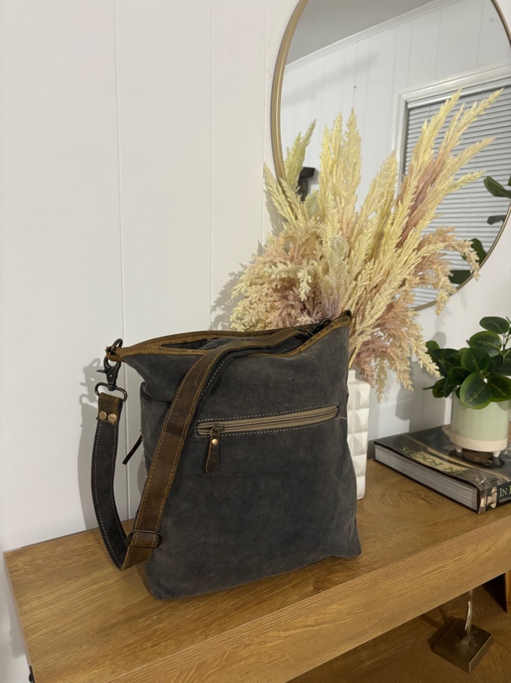 Myra Bag Woven Pattern Crossbody Bag with Cowhide Front Pocket - Picture 3 of 16
